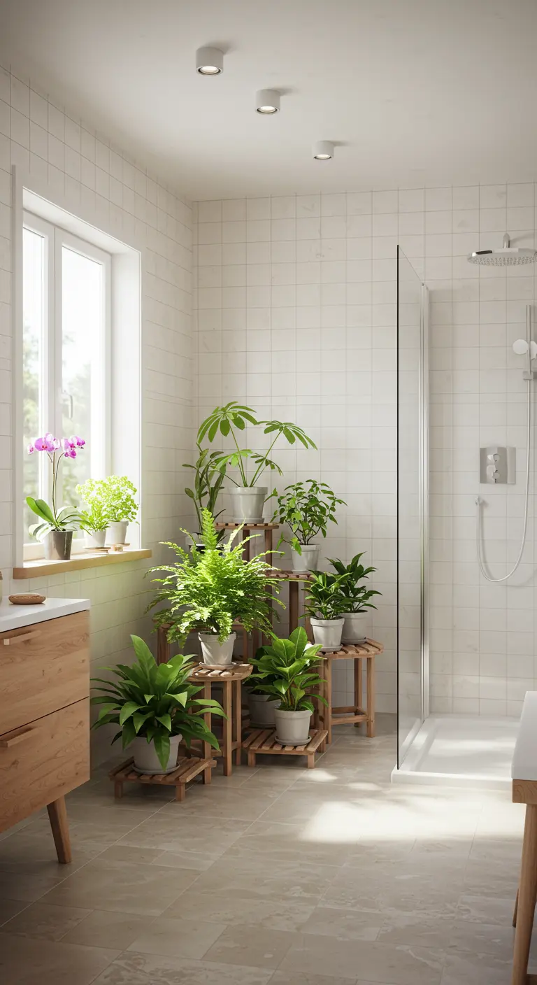 Verzameling groene planten op een houten etagère in een lichte badkamer met witte tegels.
