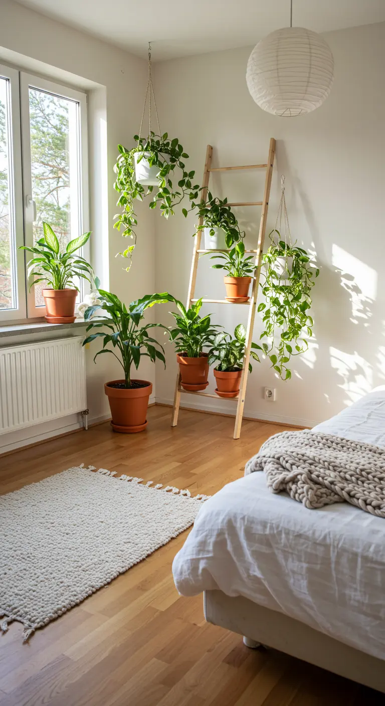 Houten ladder in een lichte slaapkamer, gebruikt als plantenstandaard met diverse groene planten.