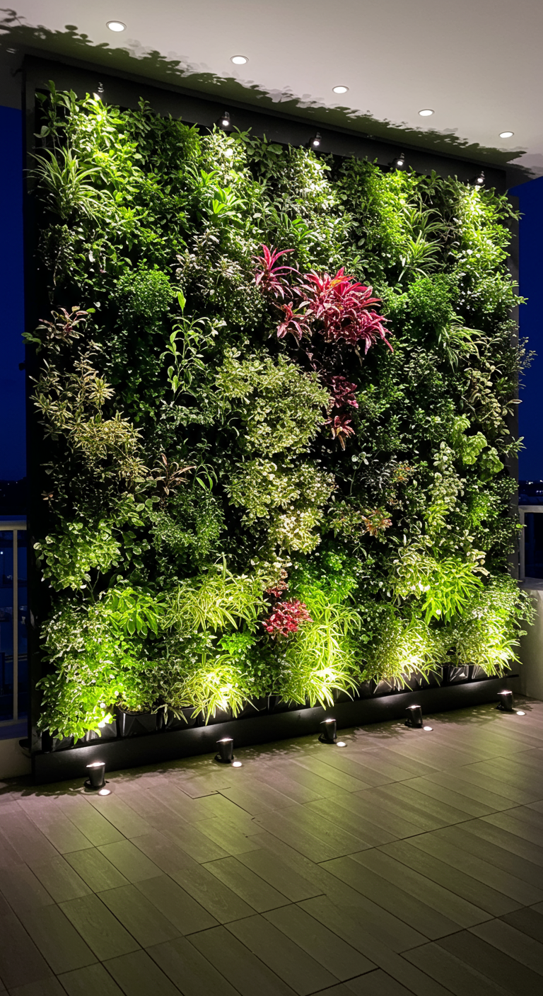 Verticale plantenwand 's avonds, aangelicht door spots van onderen.