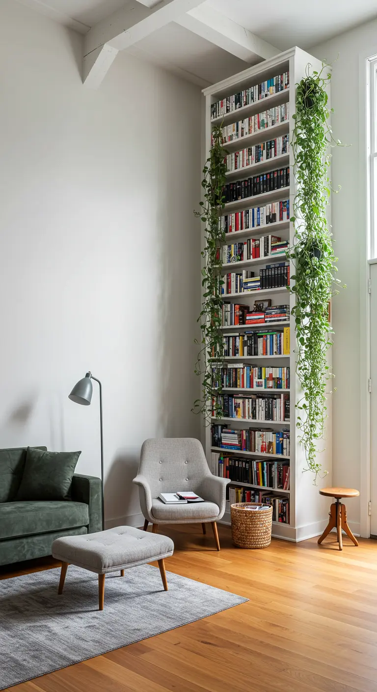 Hoge witte boekenkast met boeken en weelderige hangplanten, en een grijze fauteuil ervoor.