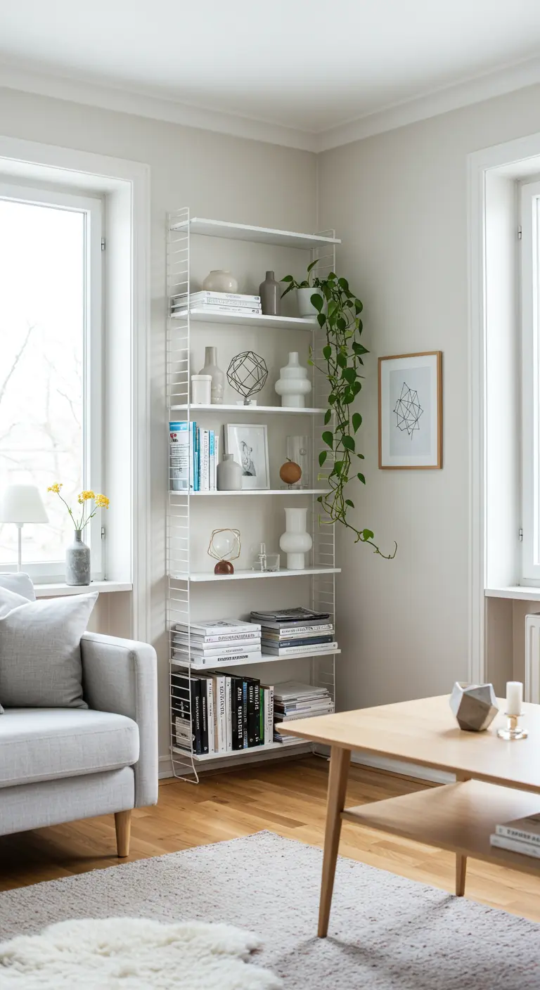Lichte woonkamerhoek met wit open wandsysteem, gestyled met boeken, vazen en een hangplant.