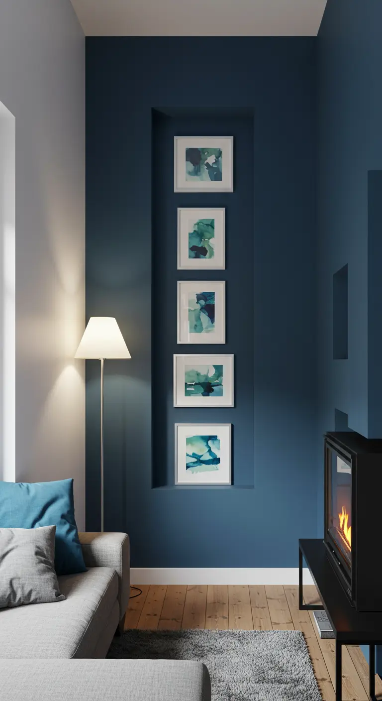 Vijf abstracte aquarellen in witte lijsten verticaal opgehangen in een donkerblauwe nis.