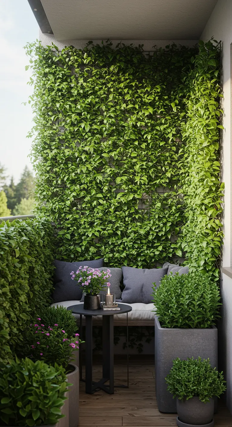 Balkon met een volledige groene wand van klimplanten achter een comfortabele loungebank.