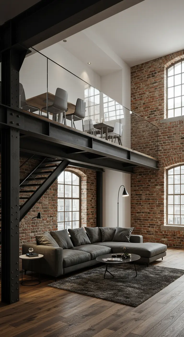 Industriële loft woonkamer met mezzanine, bakstenen muur en metalen trap.