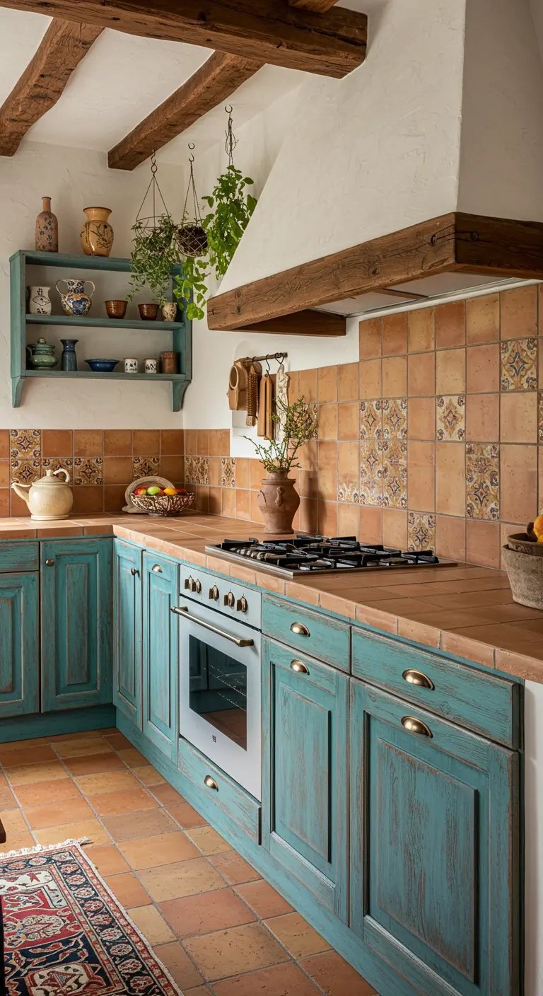 Mediterrane keuken met verweerd turquoise kasten, terracotta vloer en siertegels.
