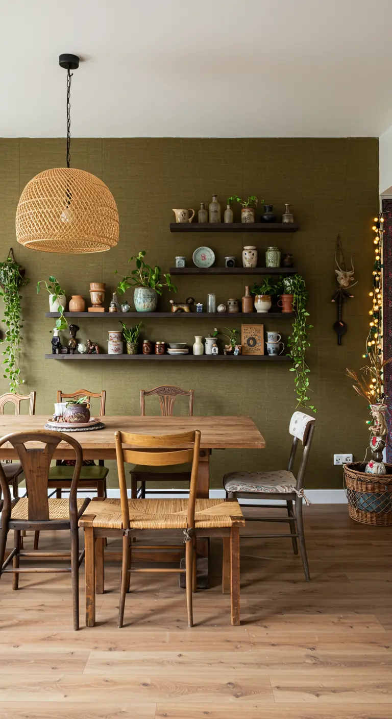 Bohemian eethoek met donkergroene muur en wandplanken vol keramiek en planten.