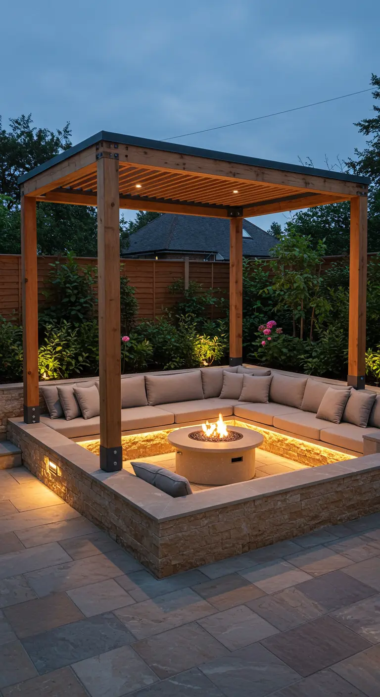 Moderne verzonken lounge met vuurplaats onder een houten pergola, omringd door planten.