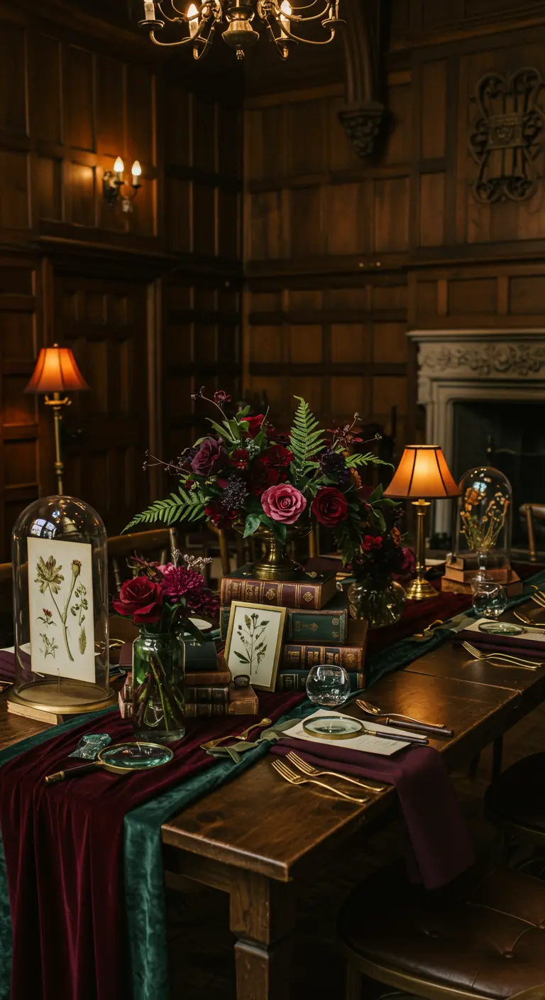 Donkere, sfeervolle tafelsetting met oude boeken, botanische prenten en donkerrode bloemen.