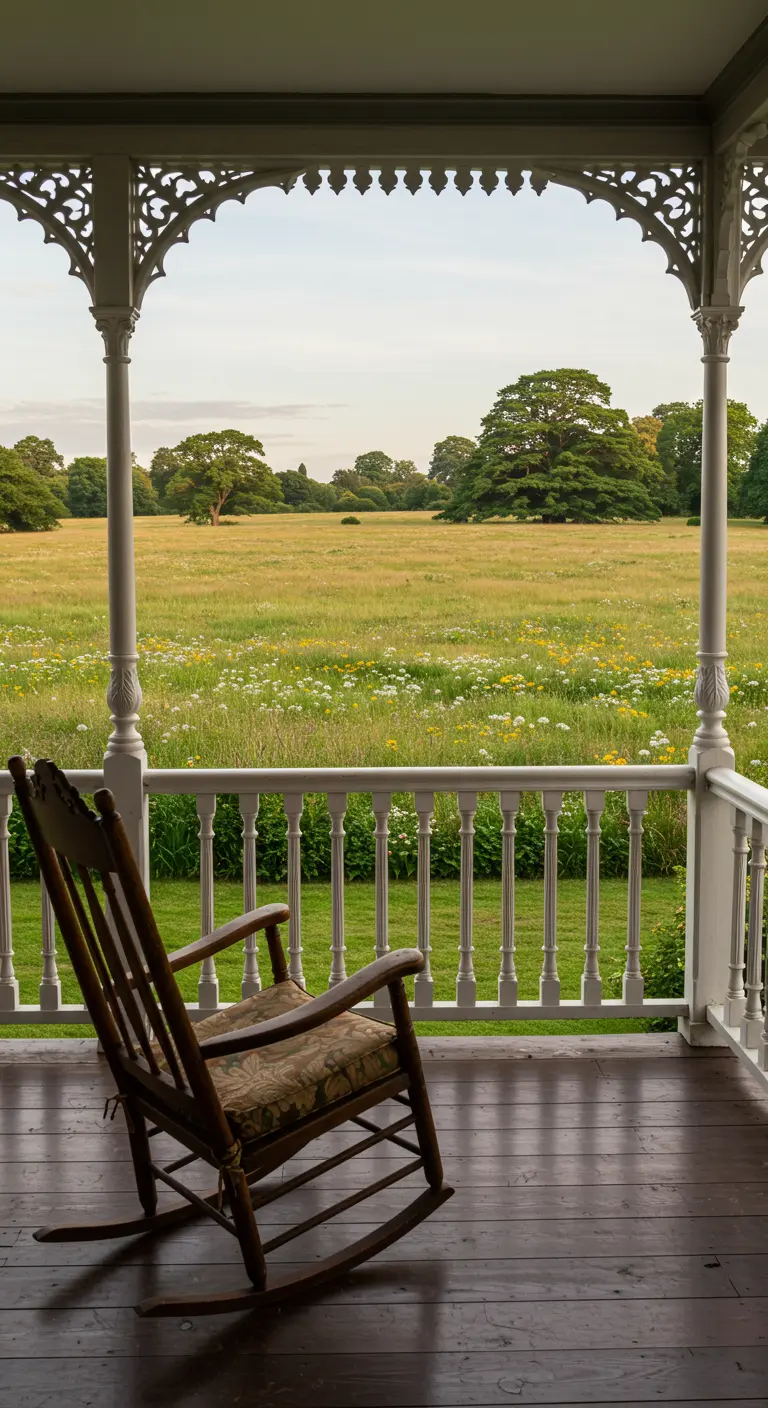 Klassieke houten schommelstoel op een Victoriaanse veranda met sierlijke railings en uitzicht op een bloemenweide.