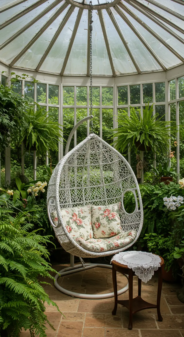 Witte hangstoel in een serre met glazen dak, omringd door varens en planten.
