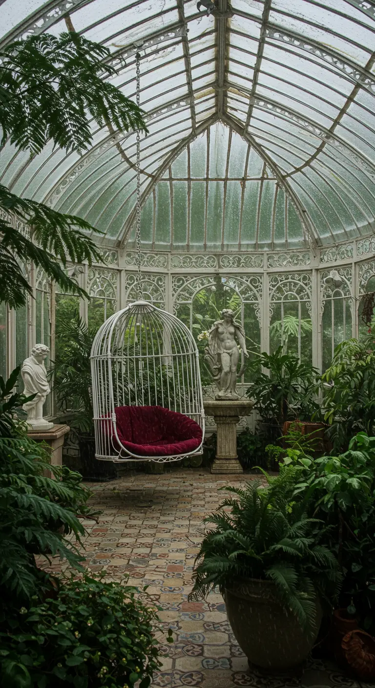 Witte metalen hangstoel in vogelkooi-stijl met rood kussen in een glazen kas vol planten.