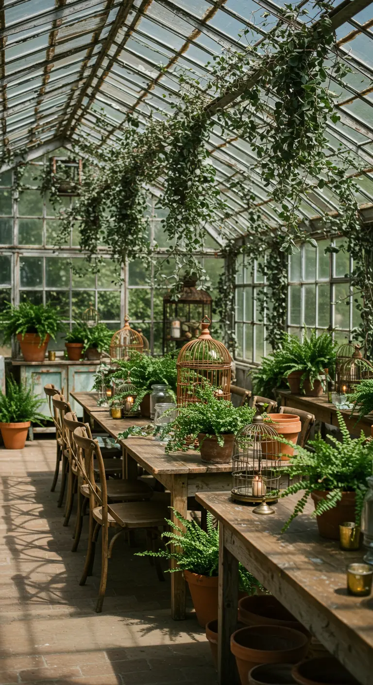 Houten tafels in een kas vol planten, varens, vogelkooien en terracotta potten