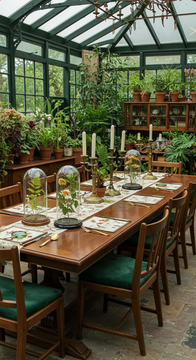 Lange houten tafel in serre, gedecoreerd met glazen stolpen over planten, kandelaars en potplanten.