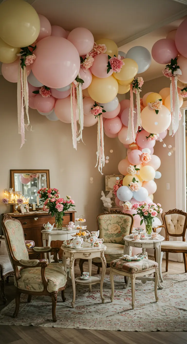 Sierlijke kamer met pastelkleurige ballonnen, bloemen en vintage meubels voor een tea party.