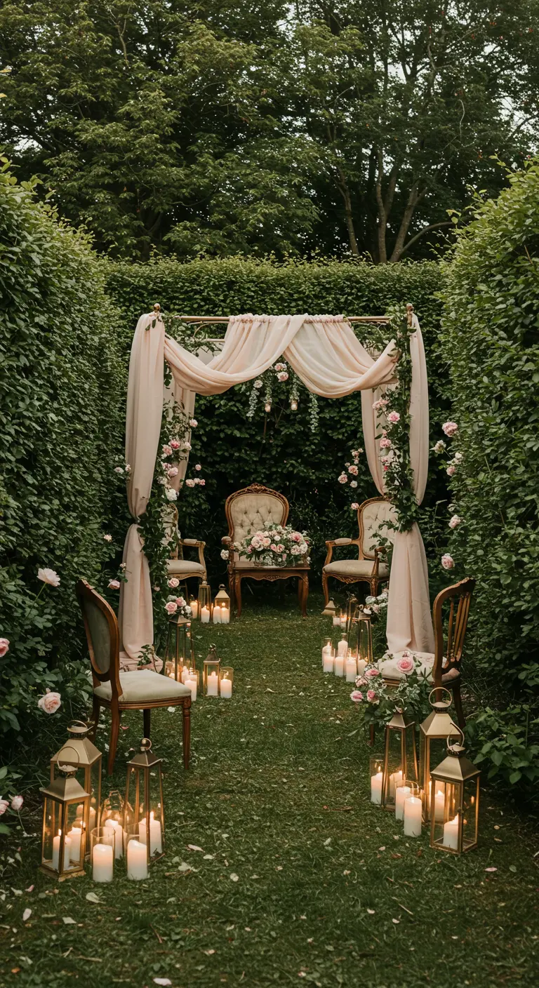 Romantisch gangpad met zijden doeken, vintage stoelen, rozen en kaarslantaarns in tuin.