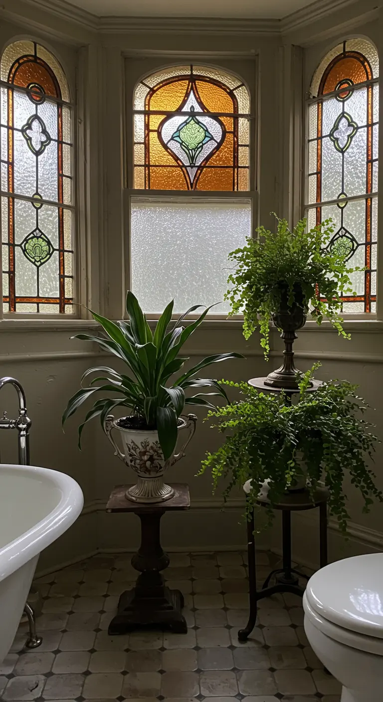 Klassieke badkamer met glas-in-loodramen, varens en Aspidistra in sierlijke potten.