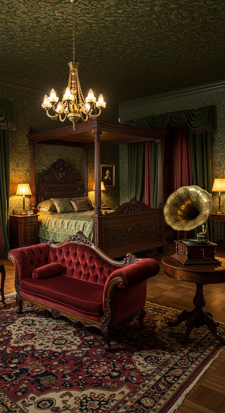 Opulente Victoriaanse slaapkamer met hemelbed en antieke grammofoon.