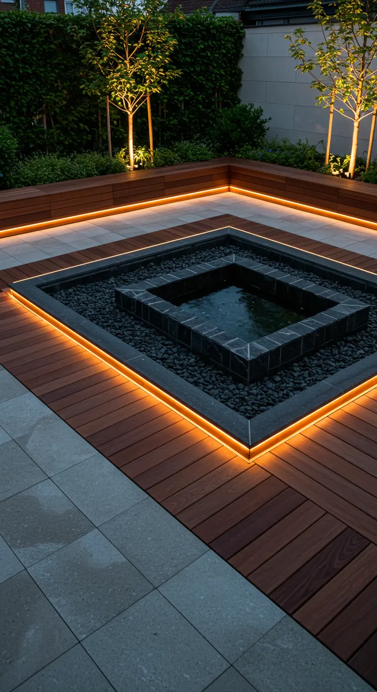 Moderne tuin met vierkante waterpartij, houten vlonder en lineaire verlichting.