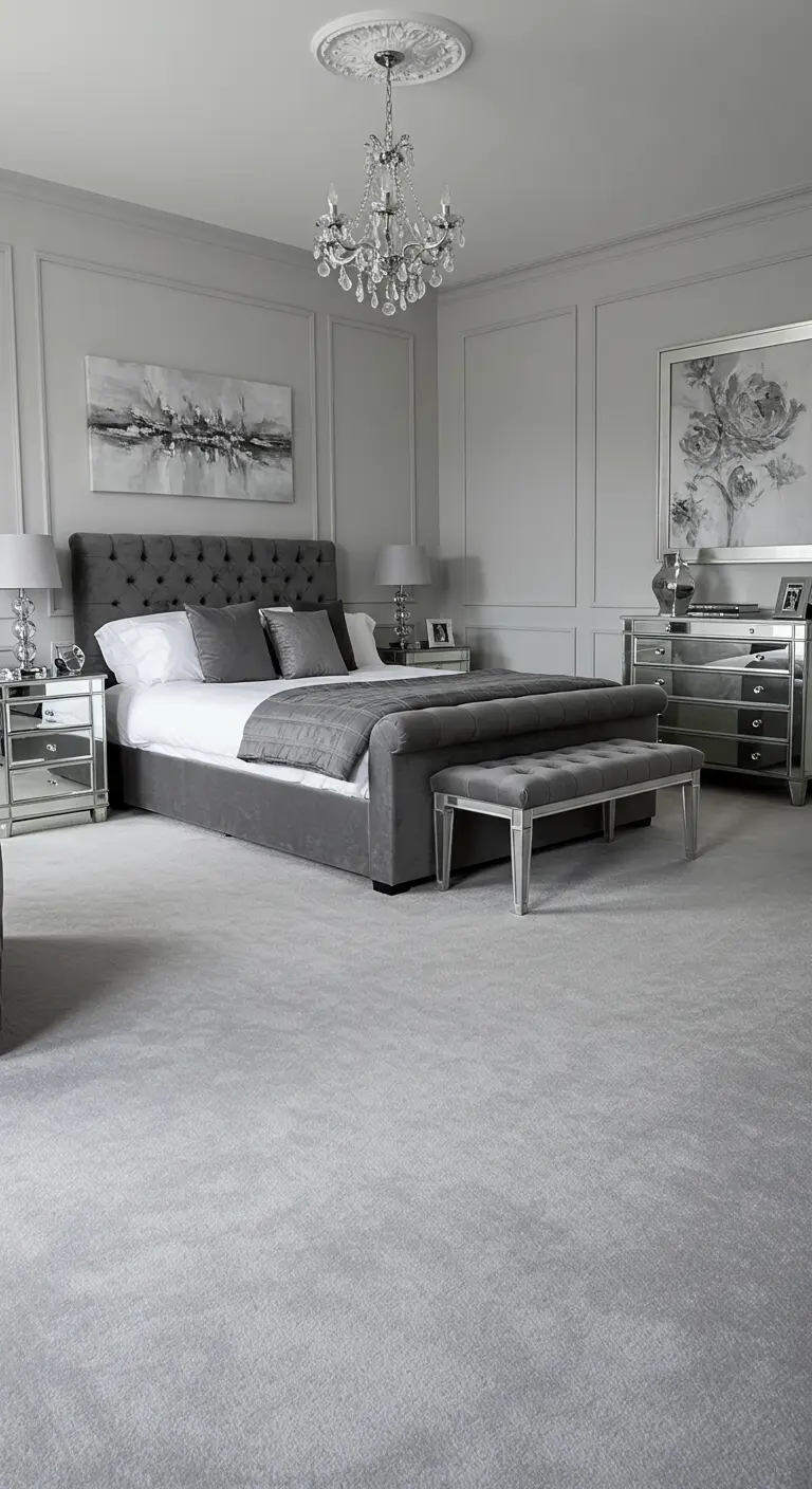 Elegante grijze slaapkamer met lichtgrijs tapijt, fluwelen bed en spiegelende nachtkastjes.
