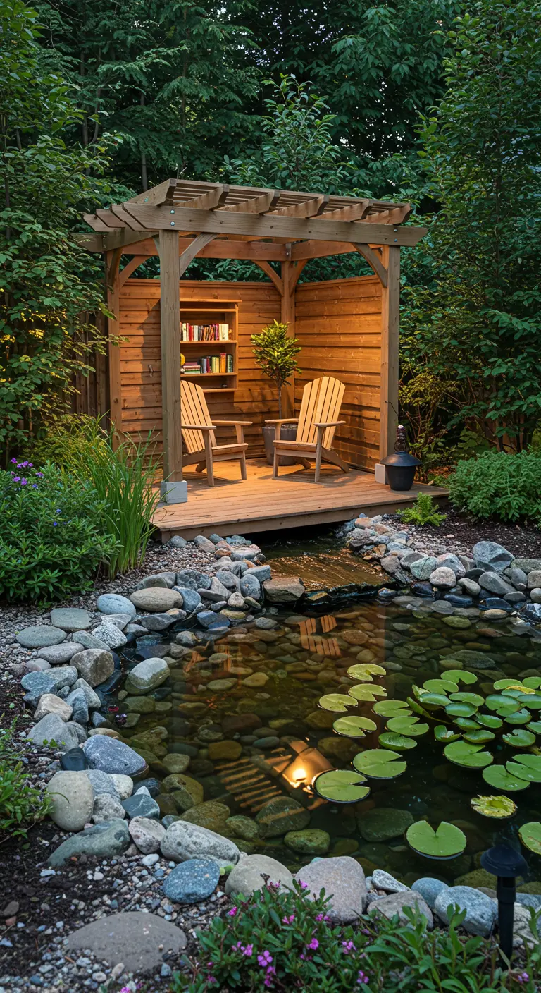 Houten pergola met twee houten stoelen en een boekenrek, uitkijkend op een vijver met waterlelies en stenen.