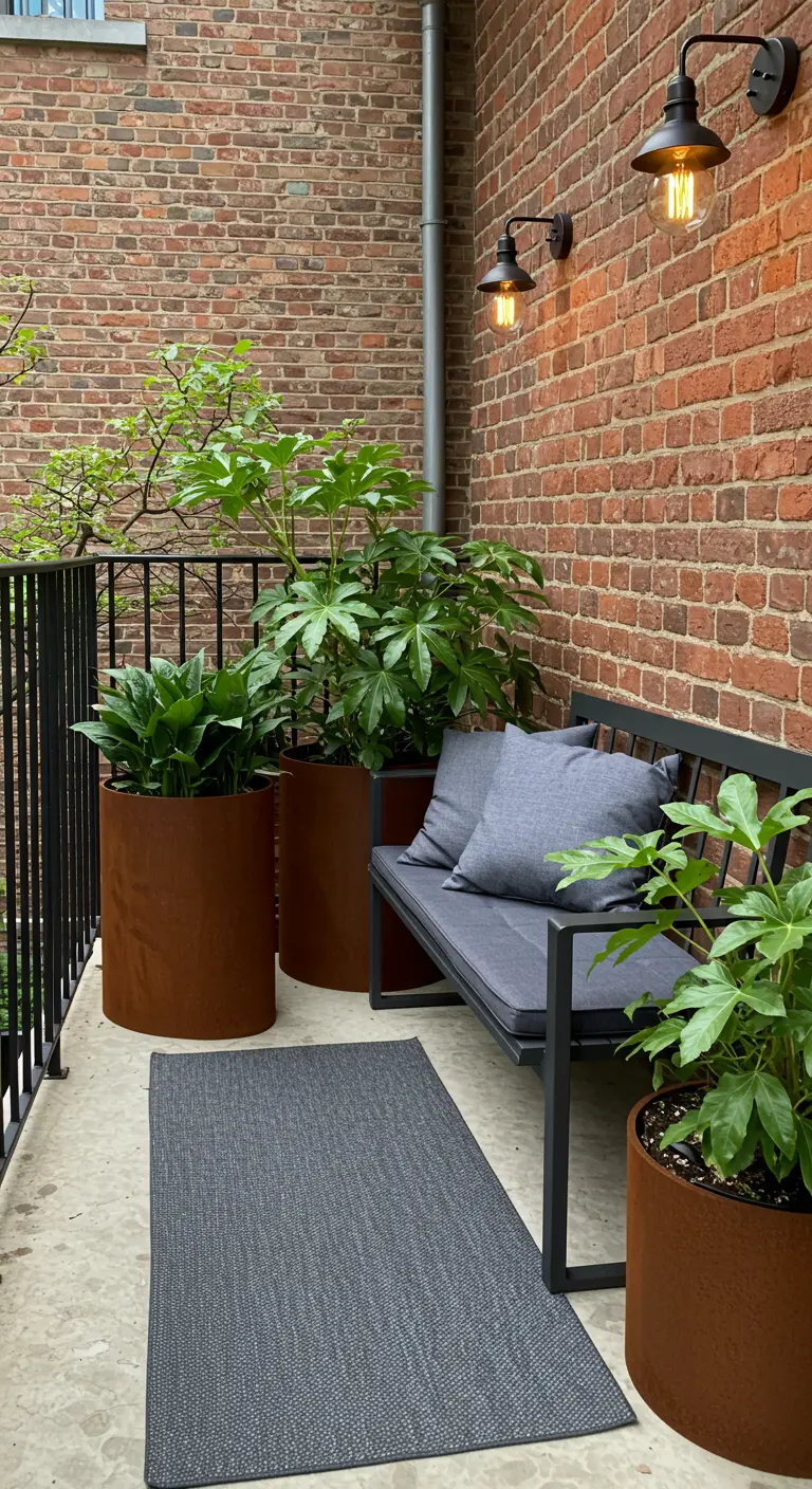 Modern balkon met bakstenen muur, cortenstalen plantenbakken met Vingerplant en Aspidistra, en een bankje.