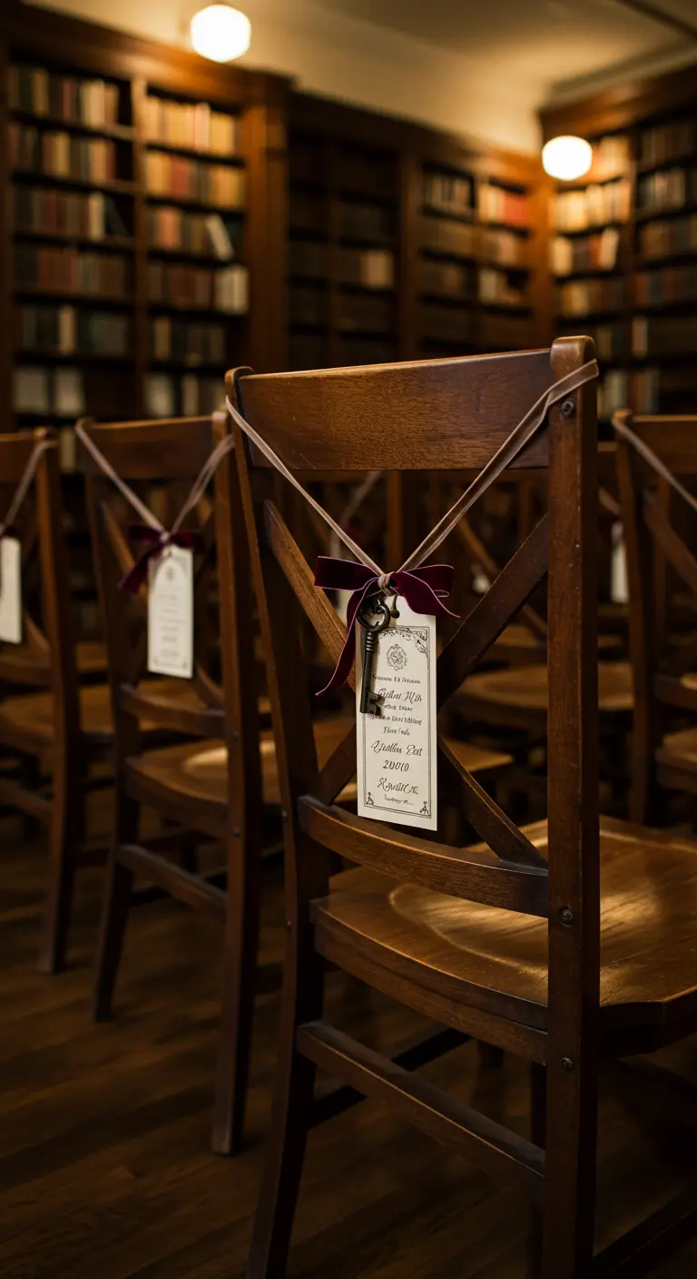 Houten stoel in een bibliotheek met een naamkaartje en een oude sleutel eraan.