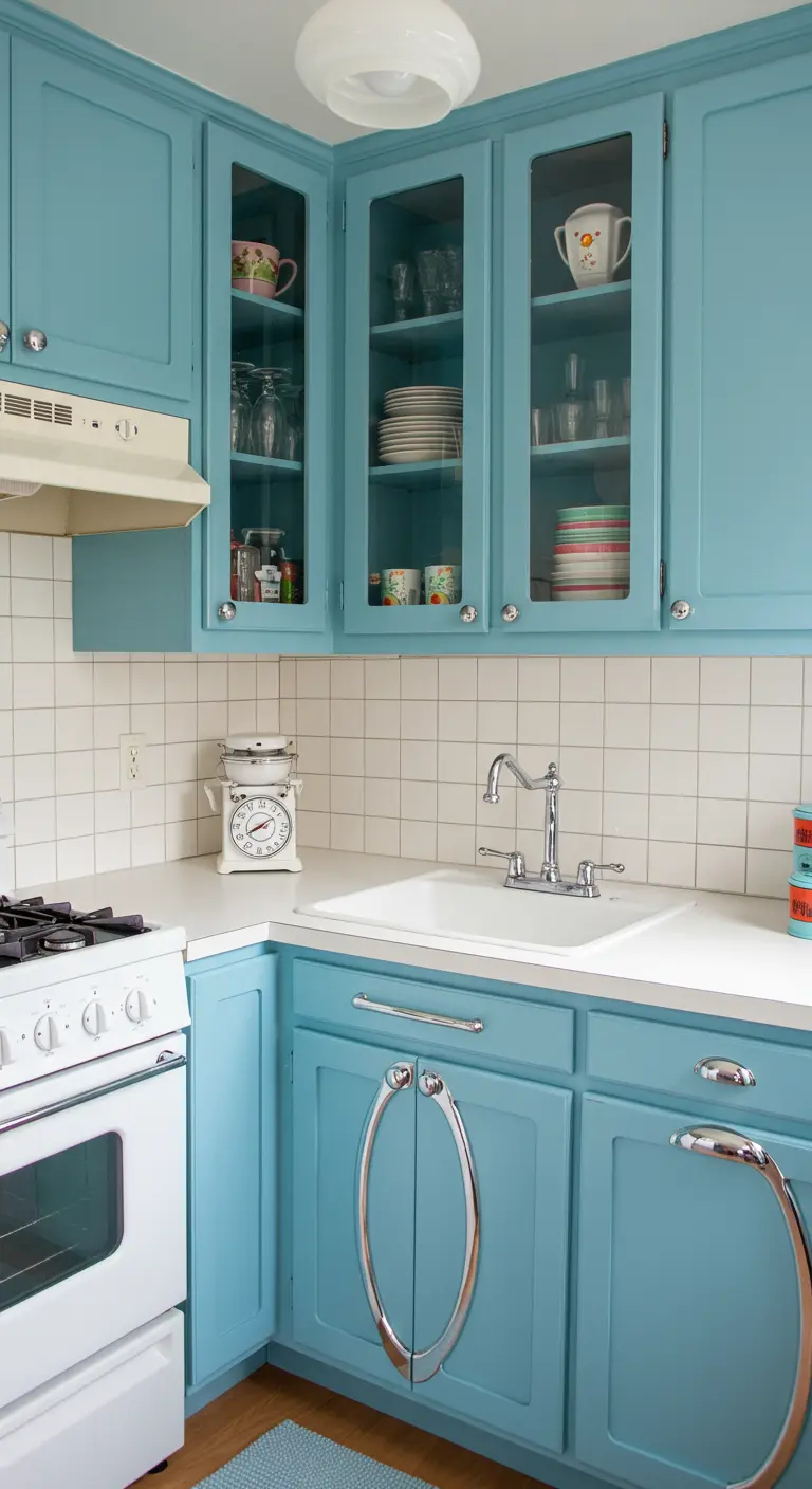 Vintage blauwe keuken met opvallende chromen handgrepen en witte tegels.