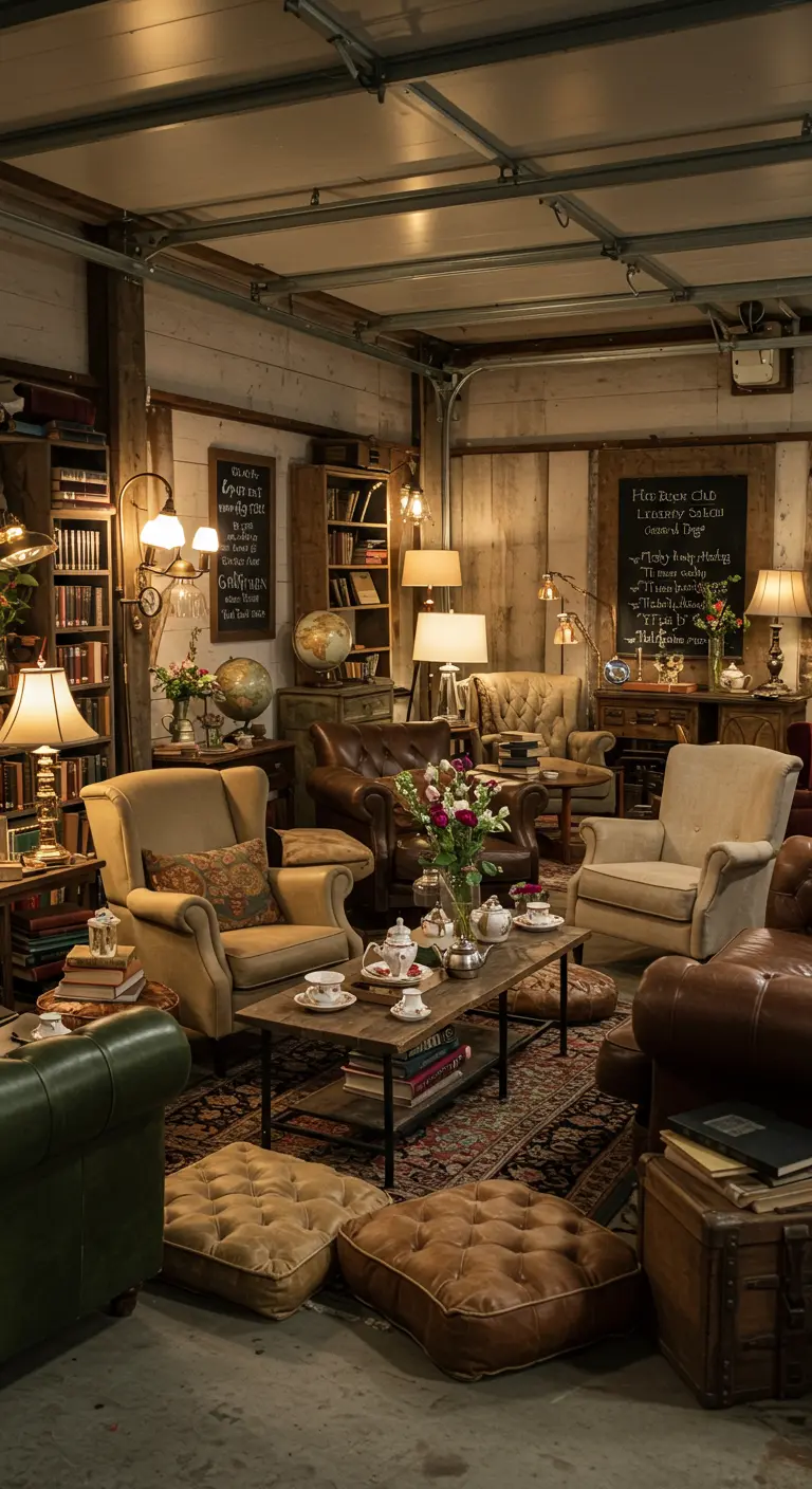 Vintage boekhandel lounge in garage met fauteuils, boekenkasten en sfeerlampen.