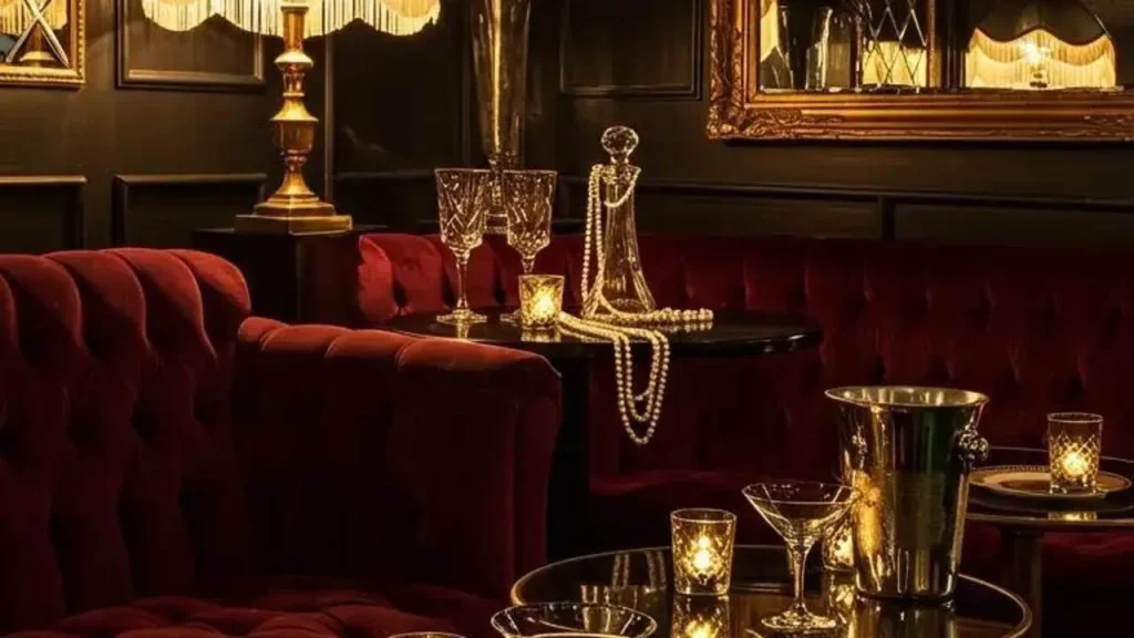 Een nostalgische, vintage sfeer van een luxe lounge met glazen en parels op donkere tafels.