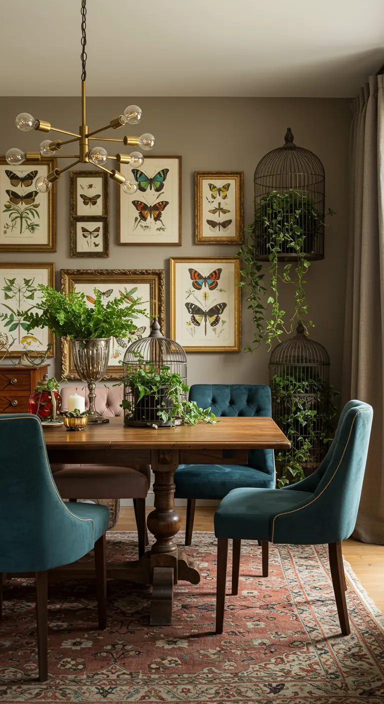 Vintage eetkamer met vlinder- en varenprints, antieke vogelkooien met planten, fluwelen stoelen en een sierlijke kroonluchter.