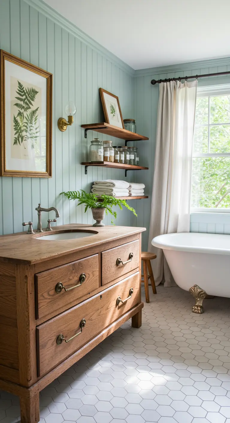 Houten commode als wastafelmeubel in lichte badkamer met botanische print.