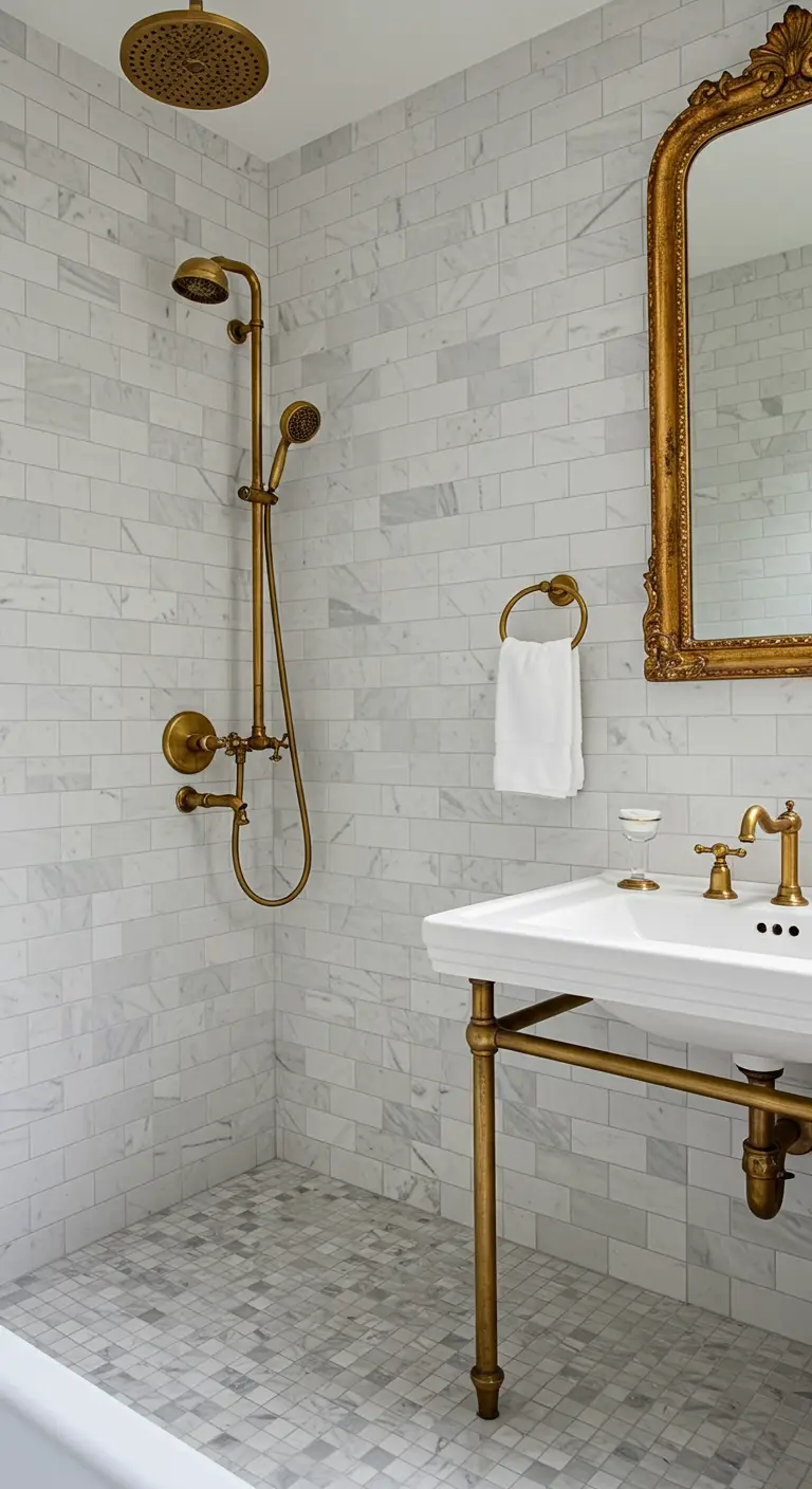 Witte badkamer met vintage goudkleurige doucheset, wastafel en sierlijke spiegel.