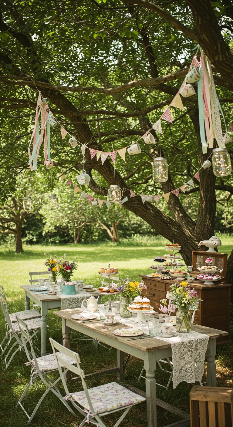 Tuinfeest met vintage servies, vlaggenlijnen en lichtjes in glazen potjes aan bomen.