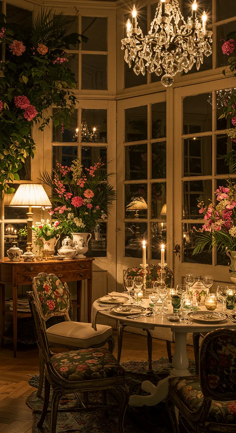 Intiem gedekte ronde tafel in een serre-achtige ruimte met vintage meubels, veel bloemen en kaarslicht.