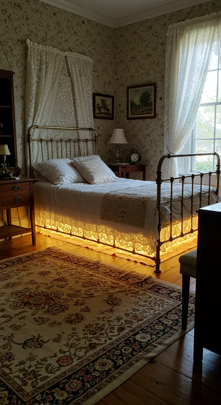 Vintage slaapkamer met een metalen spijlenbed, kanten sprei en warme, gele onderbedverlichting.
