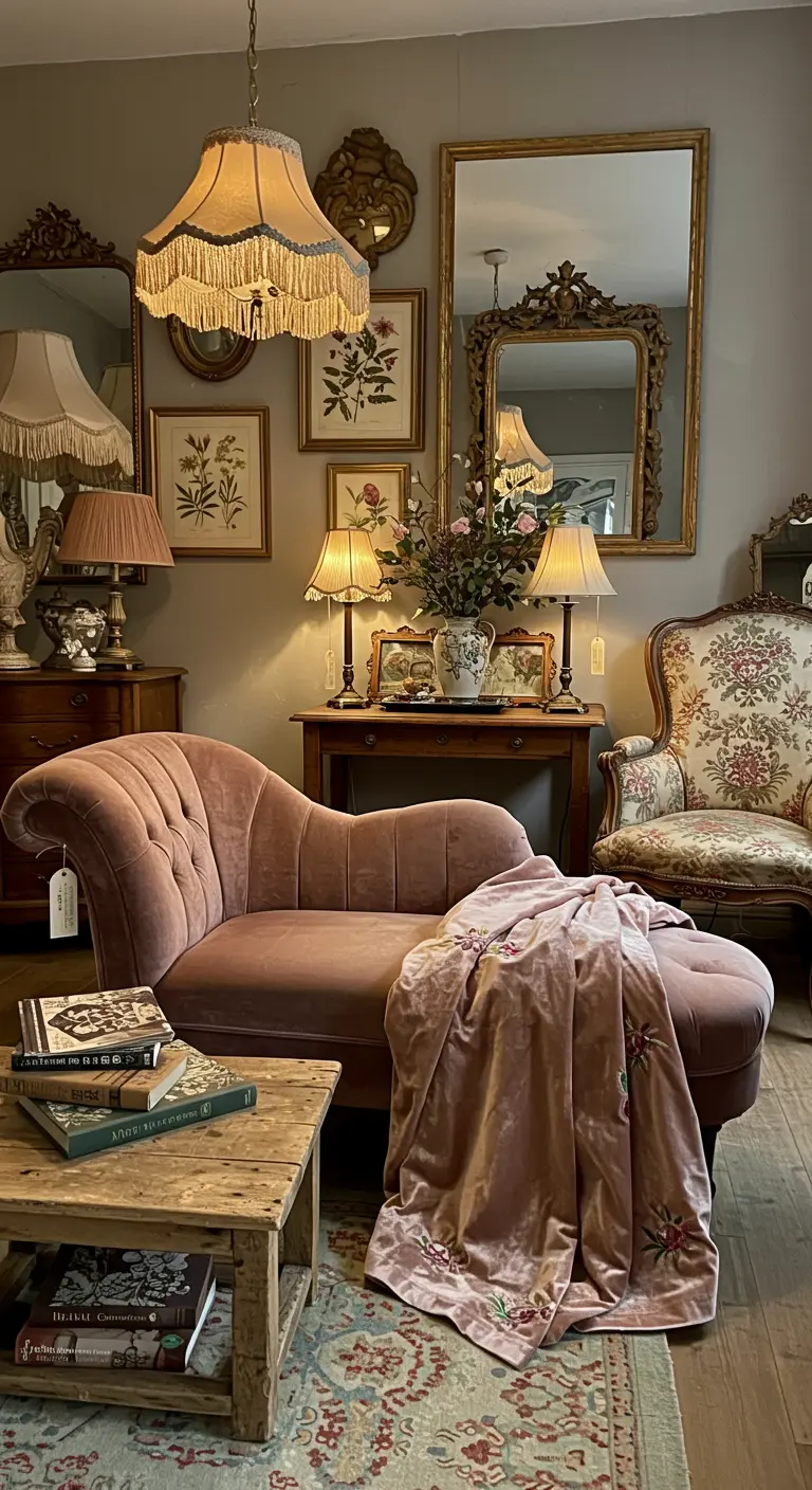 Oudroze fluwelen chaise longue in een vintage-stijl woonkamer met spiegels.