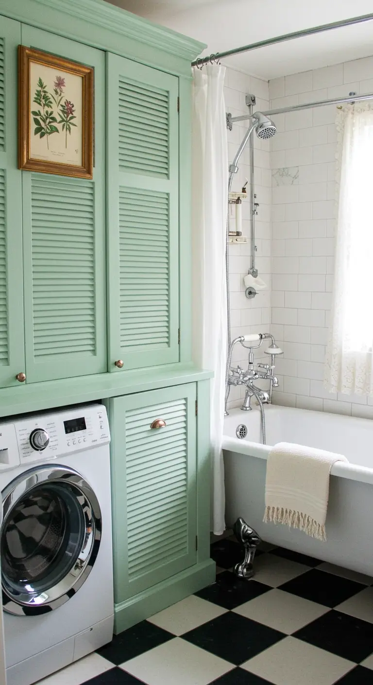 Wasmachine in een mintgroene kast met lamellendeuren, vintage stijl badkamer.