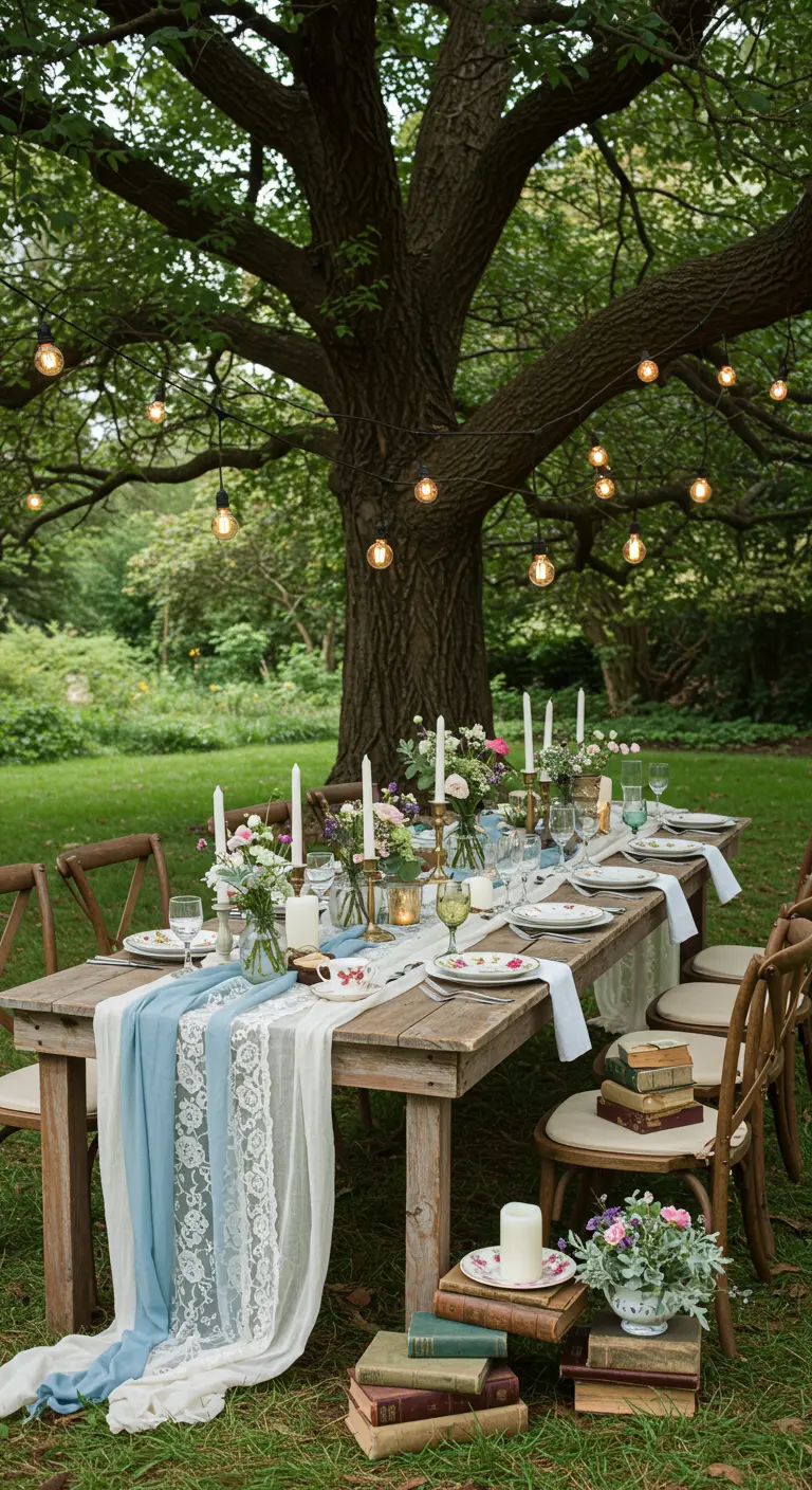 Rustieke houten tafel gedecoreerd met vintage servies, boeken en blauwe loper.