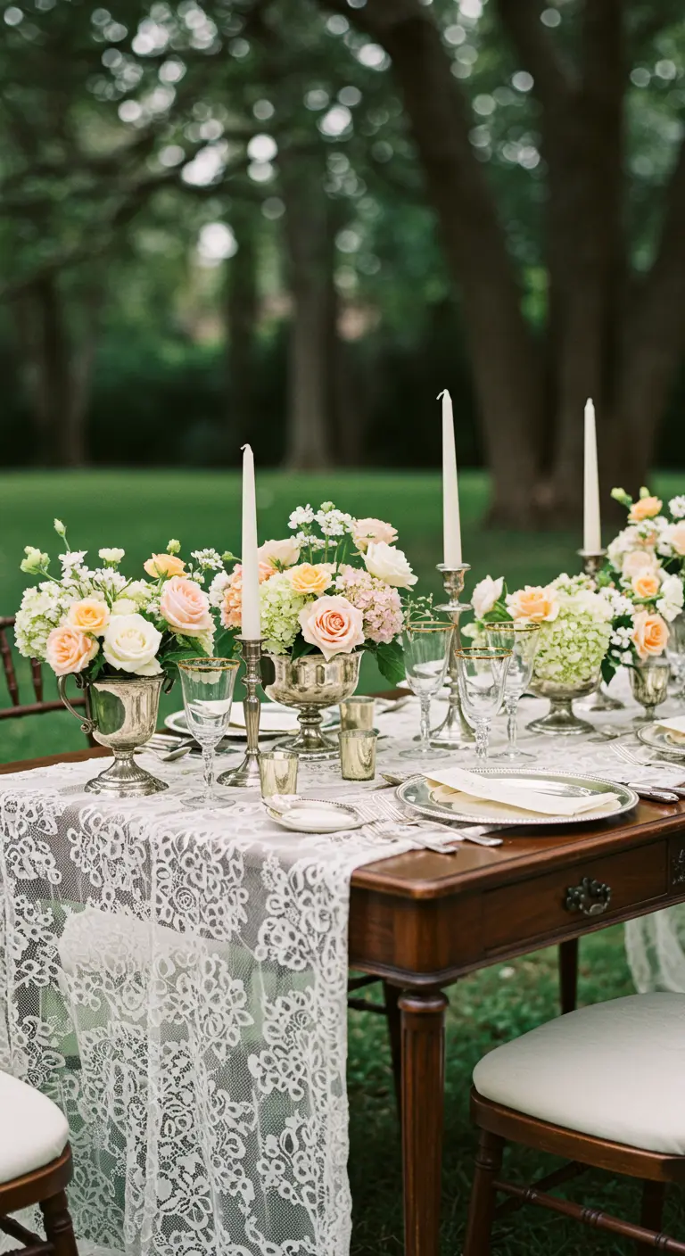 Klassieke bruiloftstafel met kanten loper, zilveren coupes en pastelbloemen.