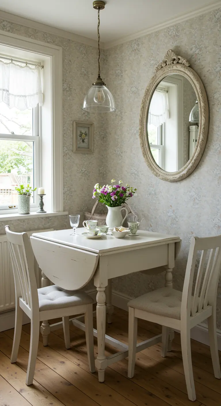 Gezellige vintage eethoek met witte opklaptafel, klassieke stoelen, sierlijke spiegel en bloemenbehang.