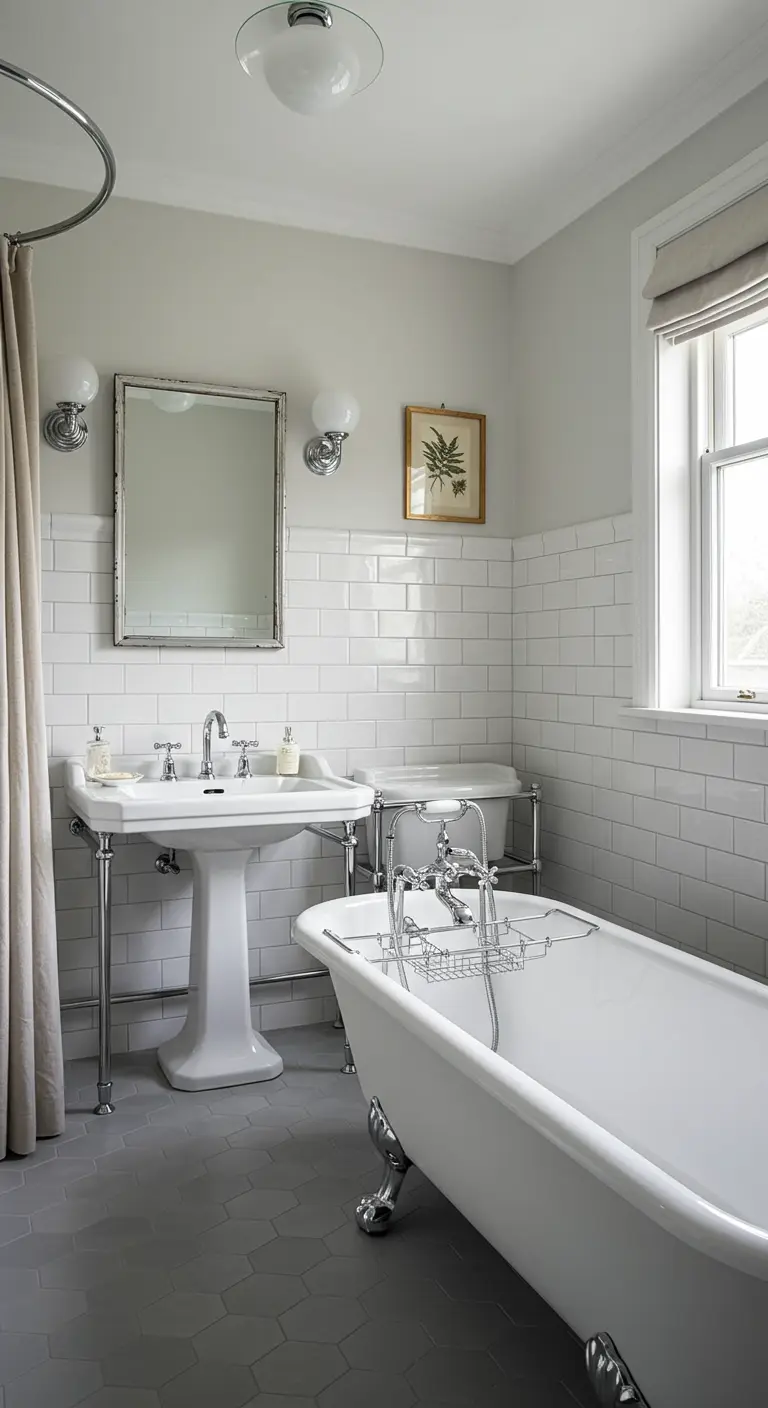 Badkamer met vintage sanitair, witte metrotegels en grote grijze zeshoekige vloertegels.