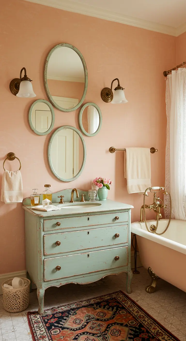 Vintage badkamer met een cluster van ovale spiegels met groene lijsten boven een antiek meubel.