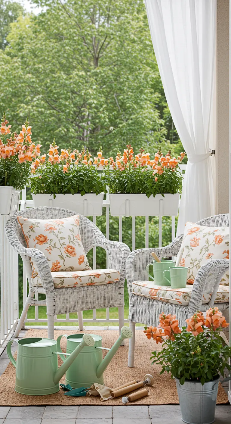 Balkon met witte rieten stoelen, kussens met bloemenprint, perzikkleurige bloemen en mintgroene accenten.