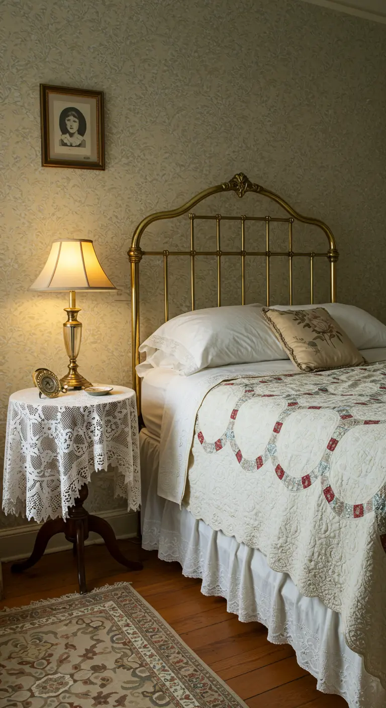 Vintage slaapkamer met rond bijzettafeltje en quilt met cirkelpatroon.