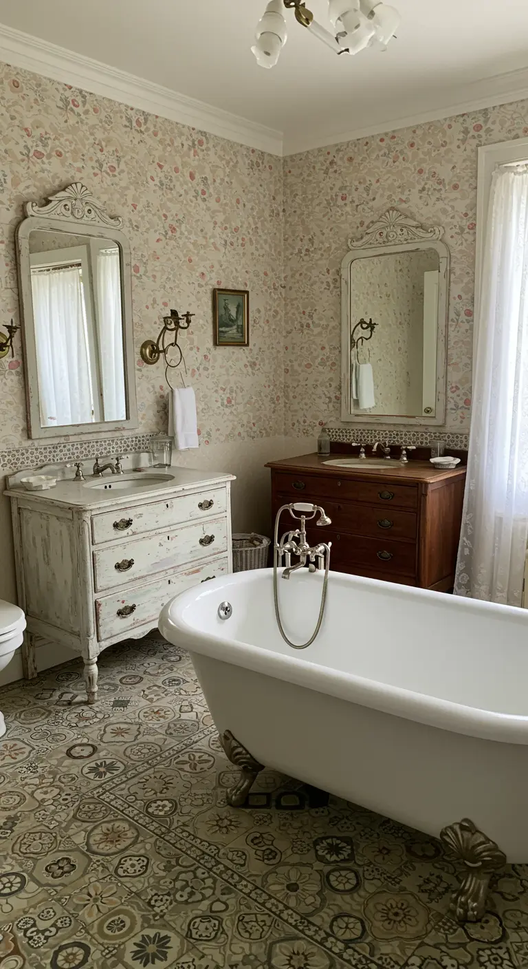 Vintage badkamer met bloemetjesbehang, patroonvloer, vrijstaand bad en twee antieke wastafels.