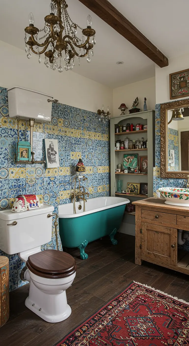 Eclectische badkamer met klassiek toilet, turquoise bad en kleurrijke tegels.