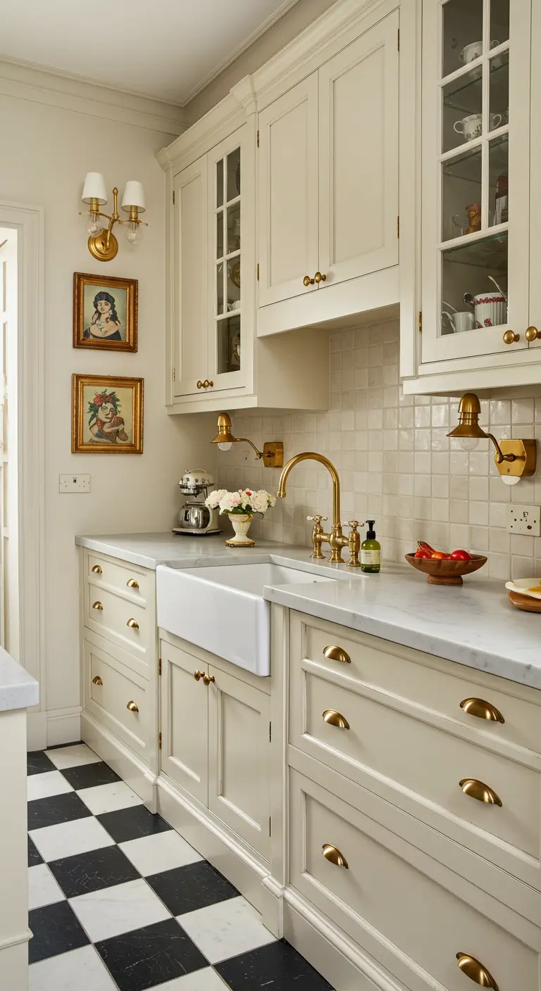 Crèmekleurige keuken met een zwart-wit geblokte vloer, gouden kraan en gouden wandlampen.