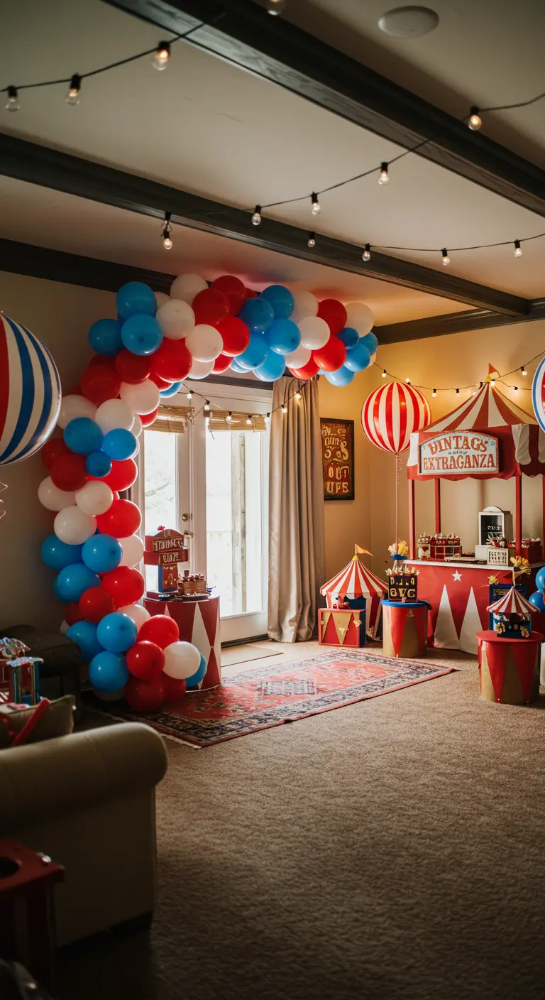 Woonkamer ingericht als circus met rood, wit, blauwe ballonboog en themadecoraties.