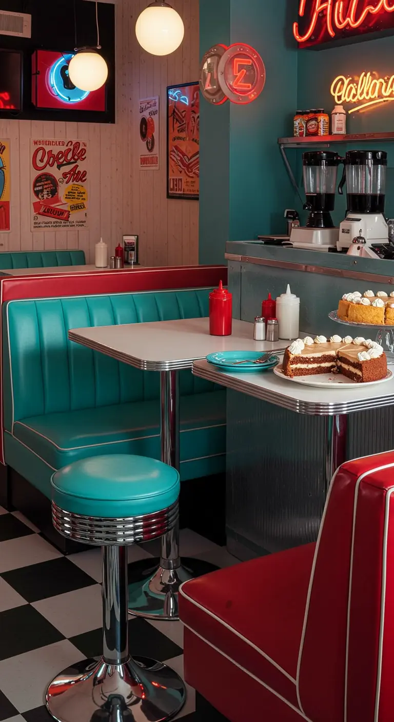 Retro Amerikaanse diner setting met turquoise banken en taart.