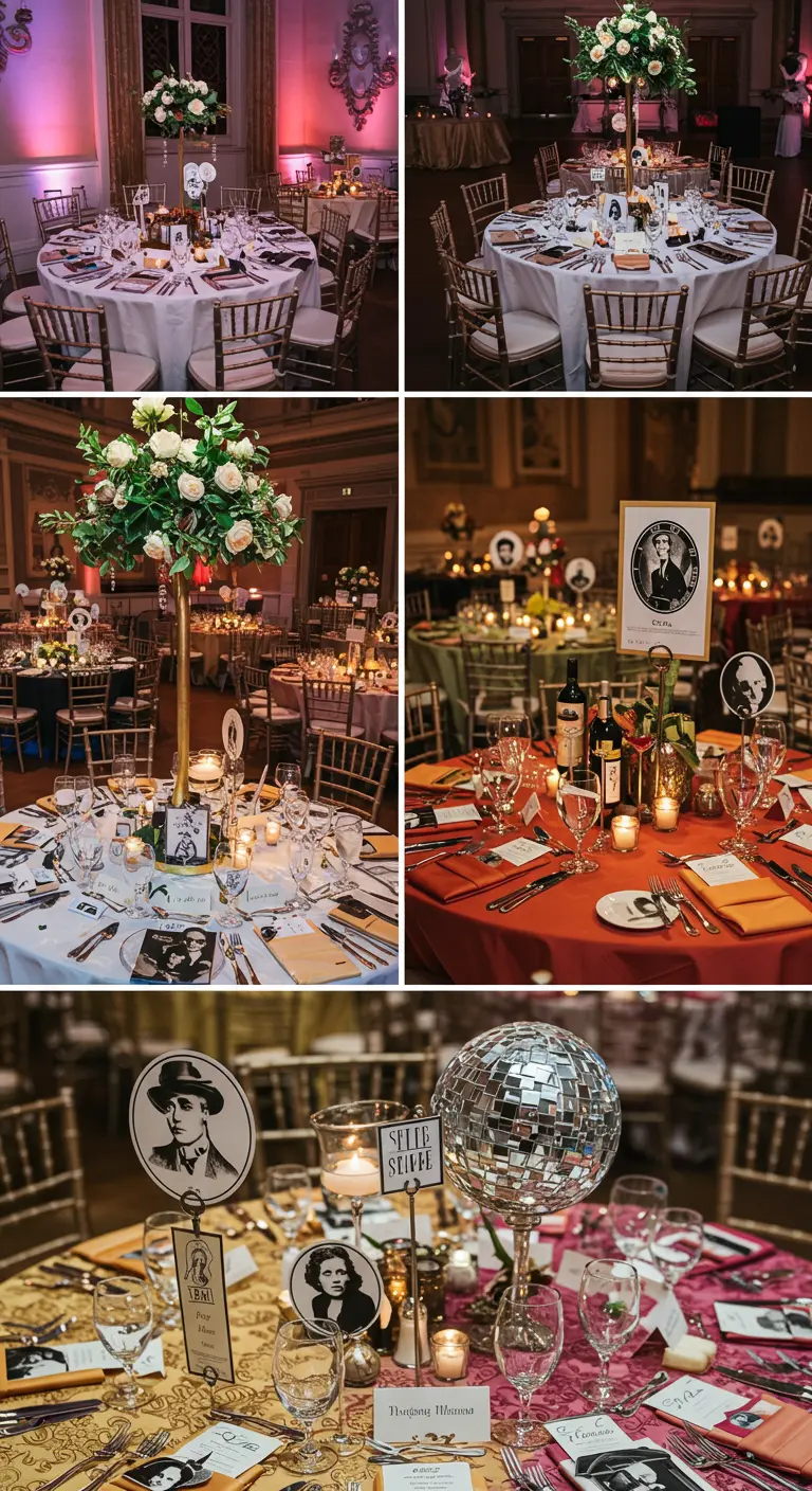 Trouwdiner met Hollywood glamour thema, filmster foto's, discoballen en luxe bloemen.